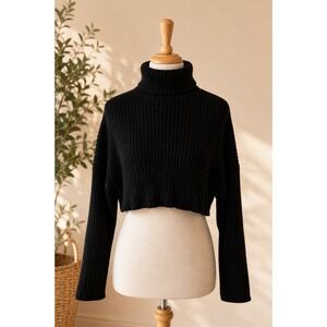 Zara Black Ribbed Cropped Turtleneck Sweater Long Sleeve Knit Top‎ Medium